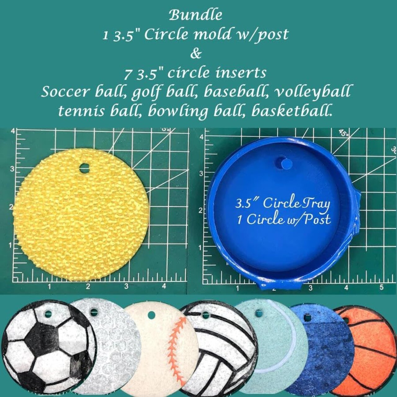Bundle - 3.5" circle w/post and 7 Sports Ball inserts - Silicone Freshie Mold